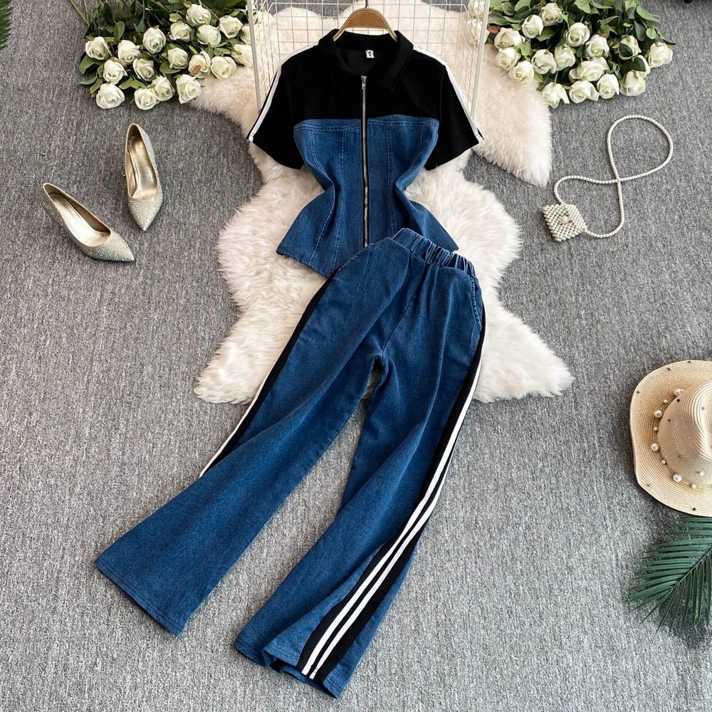 Women's Denim 2-Piece Set - Casual Top & Striped Straight Leg Pants Summer Outfit | SHEFYSTYLE