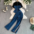 Women's Denim 2-Piece Set - Casual Top & Striped Straight Leg Pants Summer Outfit | SHEFYSTYLE