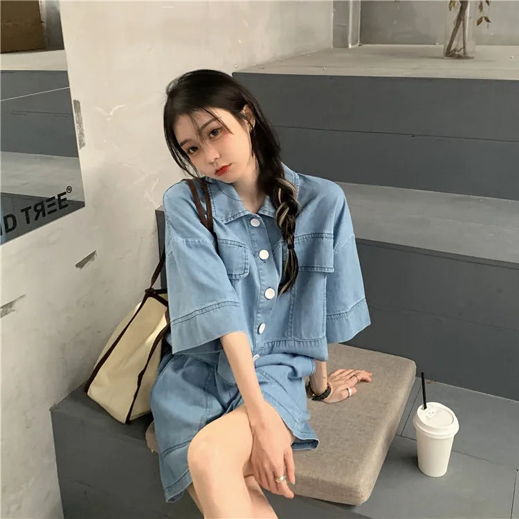 Women's Denim 2-Piece Set - Collared Top & High Waist Pocket Shorts Summer Outfit | SHEFYSTYLE