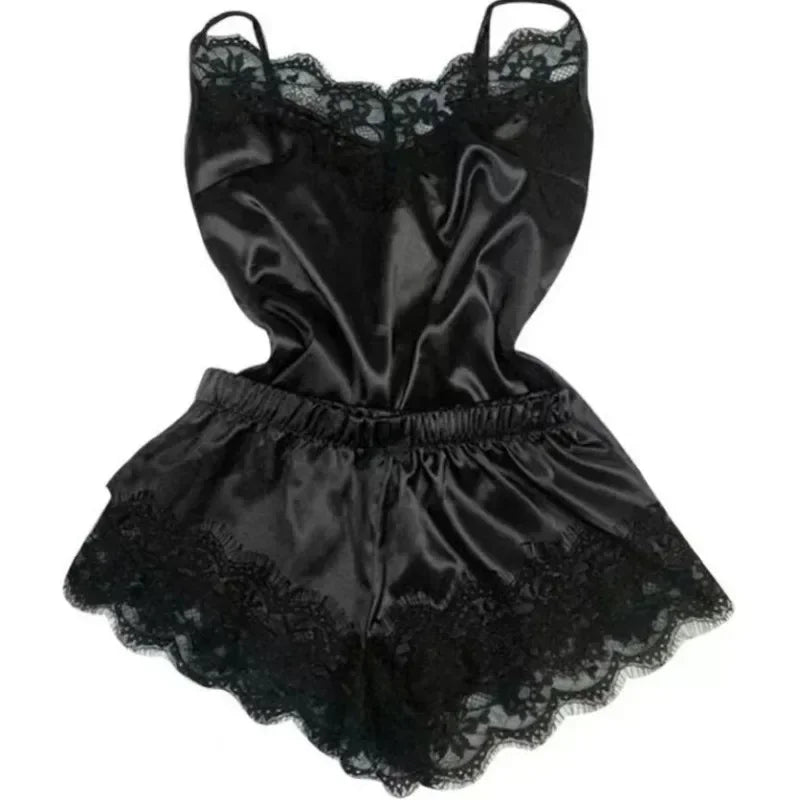 Women's Satin Lace Pajama Set - Cami Top & Shorts Sleepwear Loungewear | SHEFYSTYLE