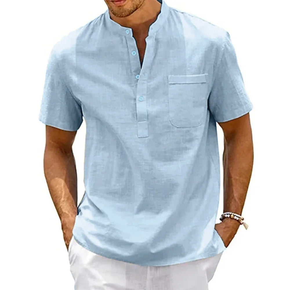 Men's Cotton Linen Henley Shirt - Short Sleeve Casual Summer Beach Top | SHEFYSTYLE