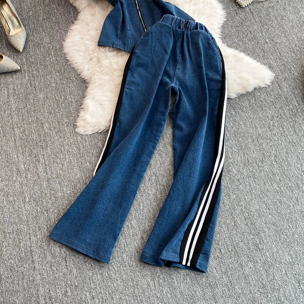 Women's Denim 2-Piece Set - Casual Top & Striped Straight Leg Pants Summer Outfit | SHEFYSTYLE