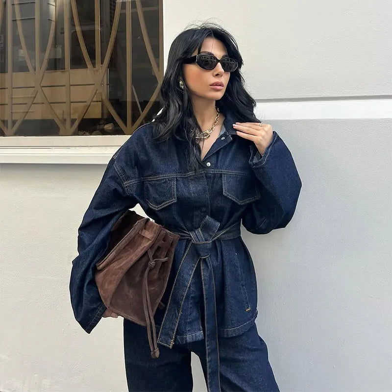 Women's Denim 2-Piece Set - Belted Jacket & Front Zip Jeans Trousers | SHEFYSTYLE