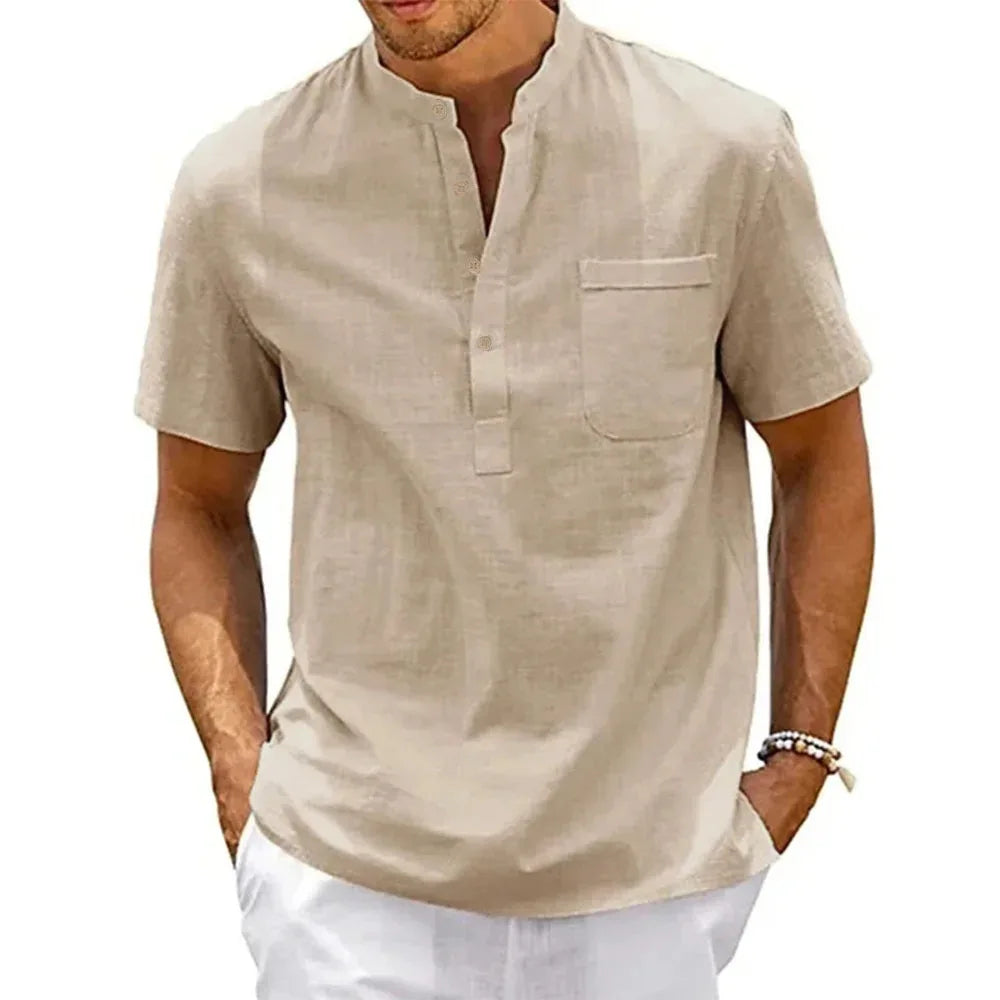 Men's Cotton Linen Henley Shirt - Short Sleeve Casual Summer Beach Top | SHEFYSTYLE