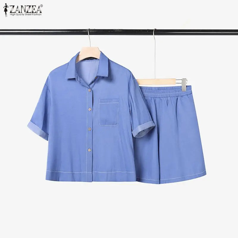 Women's Denim-Look 2-Piece Set - Short Sleeve Shirt & Elastic Waist Shorts Summer Outfit | SHEFYSTYLE