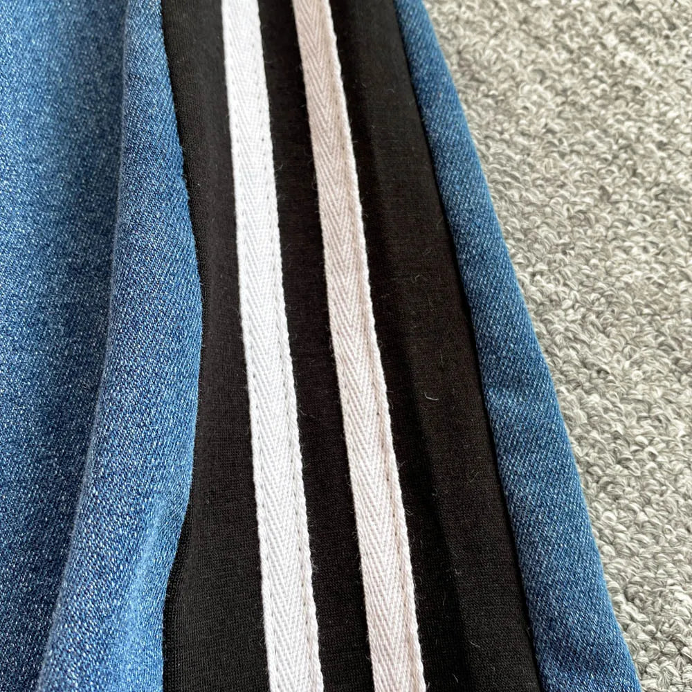 Women's Denim 2-Piece Set - Casual Top & Striped Straight Leg Pants Summer Outfit | SHEFYSTYLE