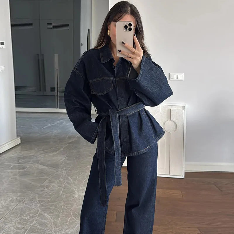 Women's Denim 2-Piece Set - Belted Jacket & Front Zip Jeans Trousers | SHEFYSTYLE