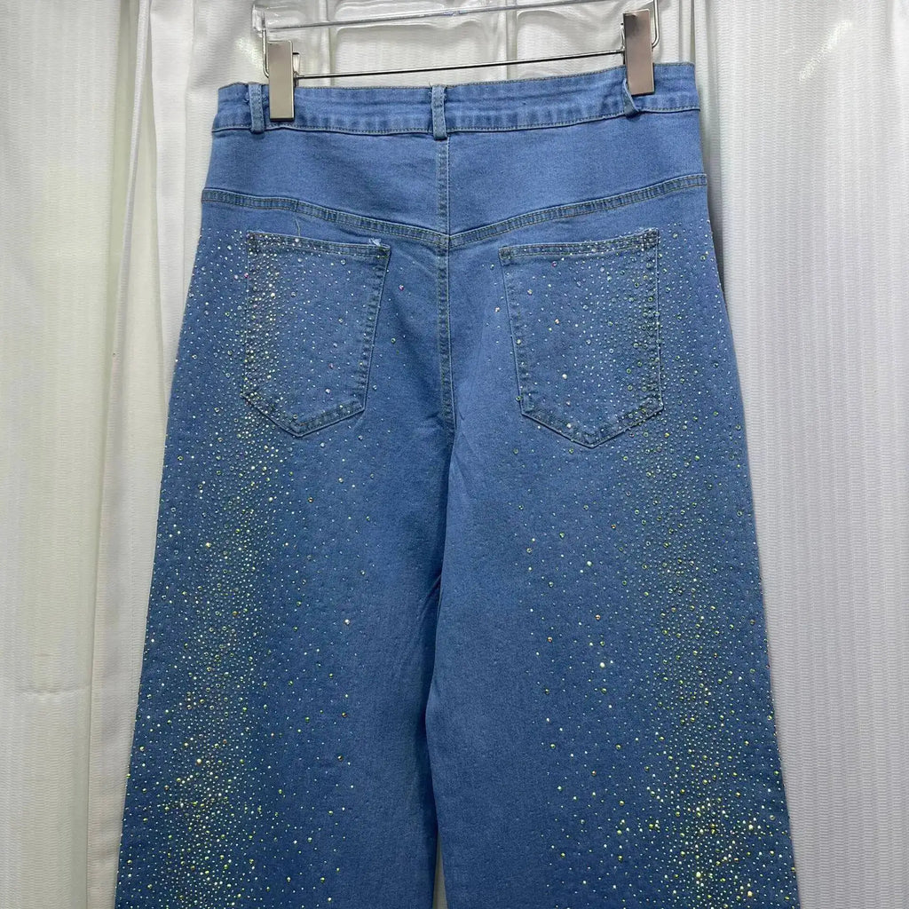 Women's Denim 2-Piece Set - Diamond-Embellished Short Sleeve Shirt & Straight Jeans | SHEFYSTYLE