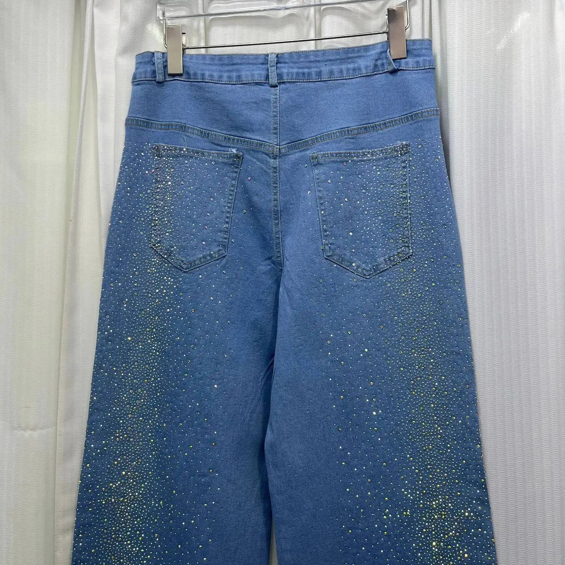 Women's Denim 2-Piece Set - Diamond-Embellished Short Sleeve Shirt & Straight Jeans | SHEFYSTYLE