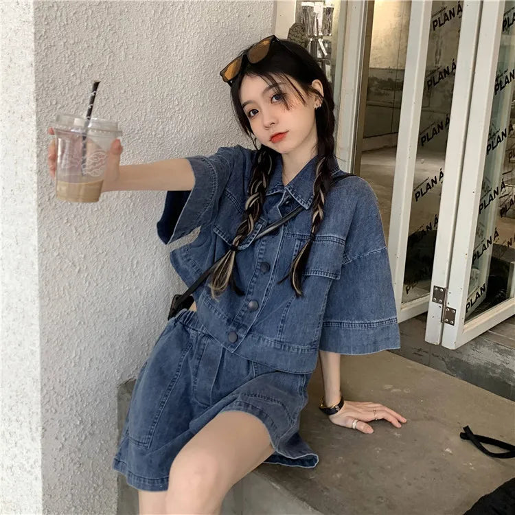 Women's Denim 2-Piece Set - Collared Top & High Waist Pocket Shorts Summer Outfit | SHEFYSTYLE