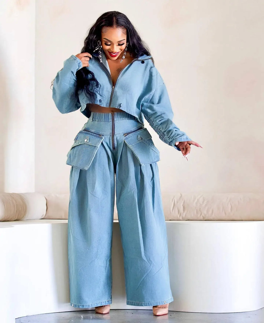 Women's Denim 2-Piece Set - Jacket & Wide Leg Jeans Matching Streetwear Outfit | SHEFYSTYLE