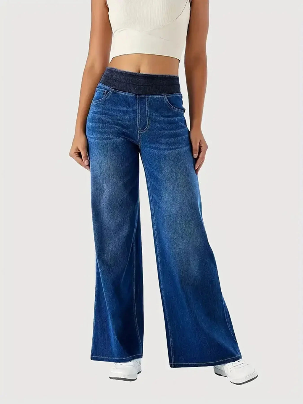 Y2K Baggy Wide-Leg Jeans – Stretchy High-Waist Denim for Women (Whisker Wash, Loose Straight Fit)