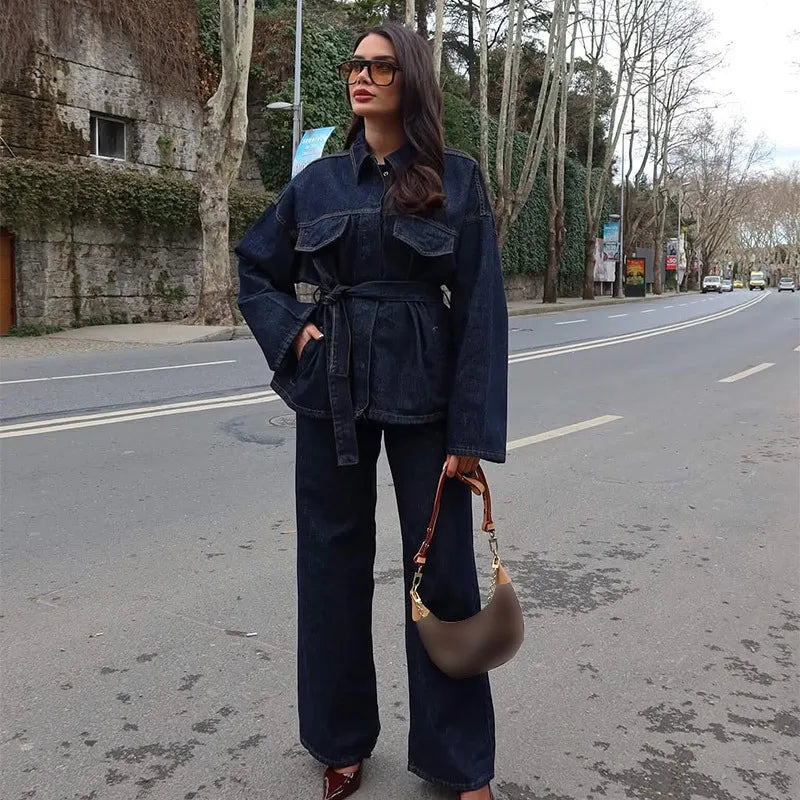 Women's Denim 2-Piece Set - Belted Jacket & Front Zip Jeans Trousers | SHEFYSTYLE