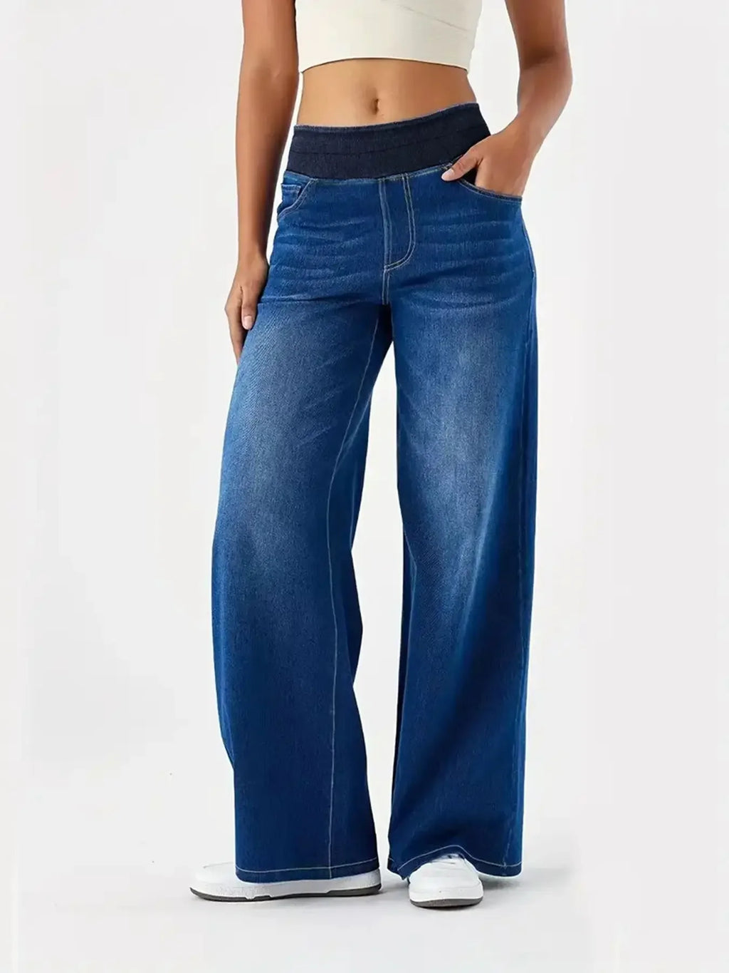 Y2K Baggy Wide-Leg Jeans – Stretchy High-Waist Denim for Women (Whisker Wash, Loose Straight Fit)