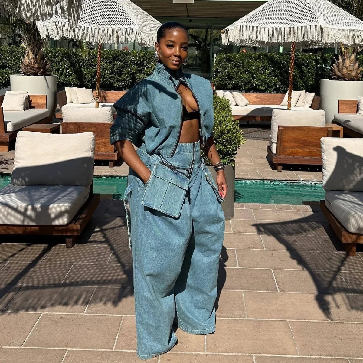 Women's Denim 2-Piece Set - Jacket & Wide Leg Jeans Matching Streetwear Outfit | SHEFYSTYLE