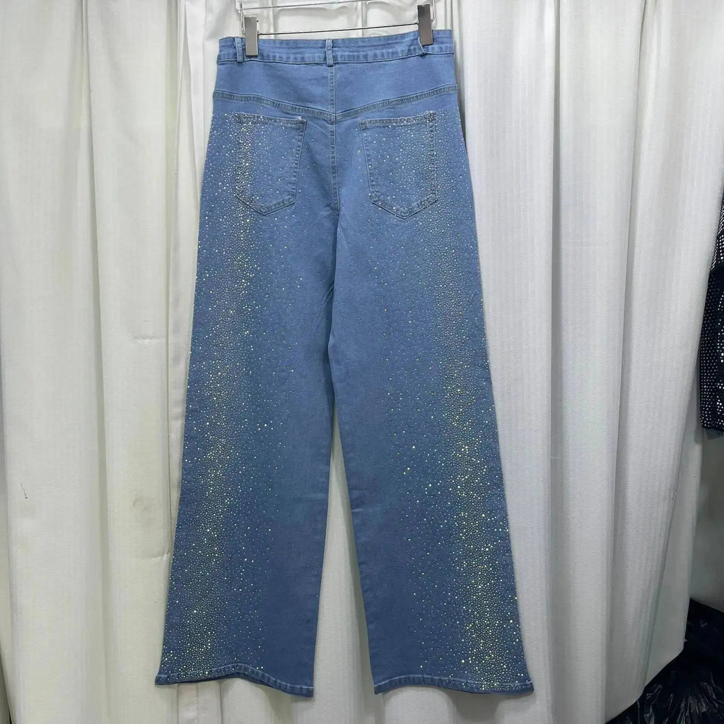 Women's Denim 2-Piece Set - Diamond-Embellished Short Sleeve Shirt & Straight Jeans | SHEFYSTYLE