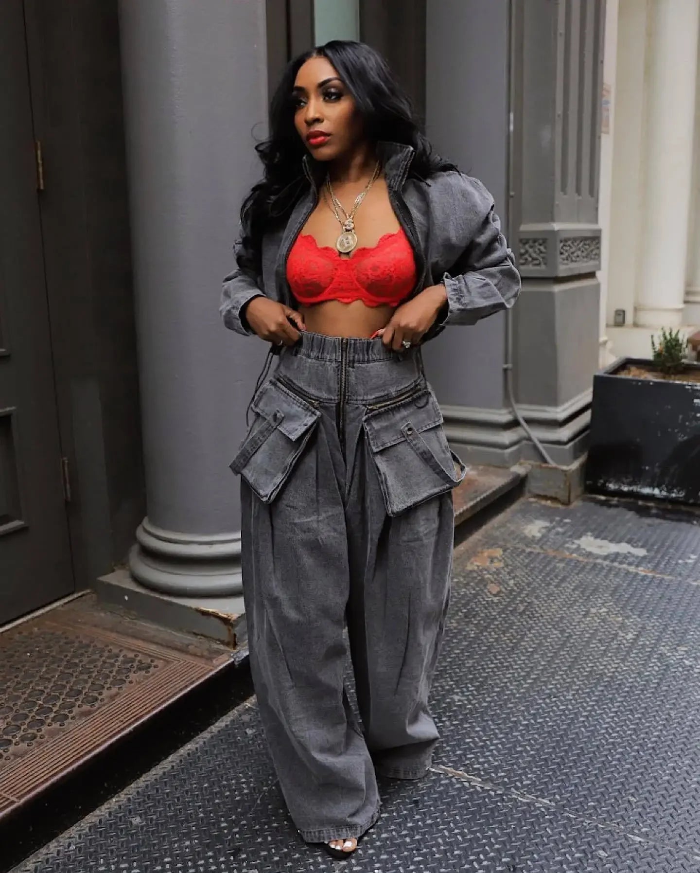 Women's Denim 2-Piece Set - Jacket & Wide Leg Jeans Matching Streetwear Outfit | SHEFYSTYLE