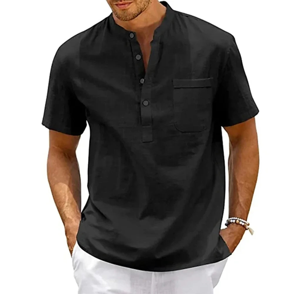 Men's Cotton Linen Henley Shirt - Short Sleeve Casual Summer Beach Top | SHEFYSTYLE