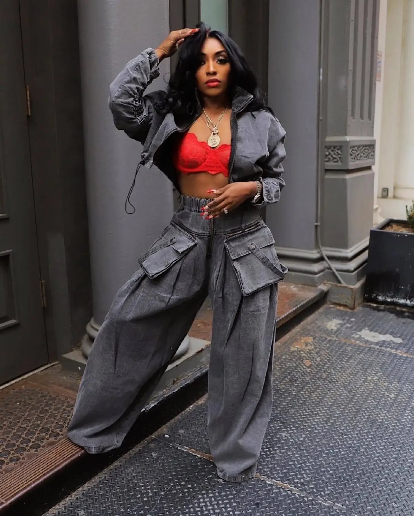 Women's Denim 2-Piece Set - Jacket & Wide Leg Jeans Matching Streetwear Outfit | SHEFYSTYLE