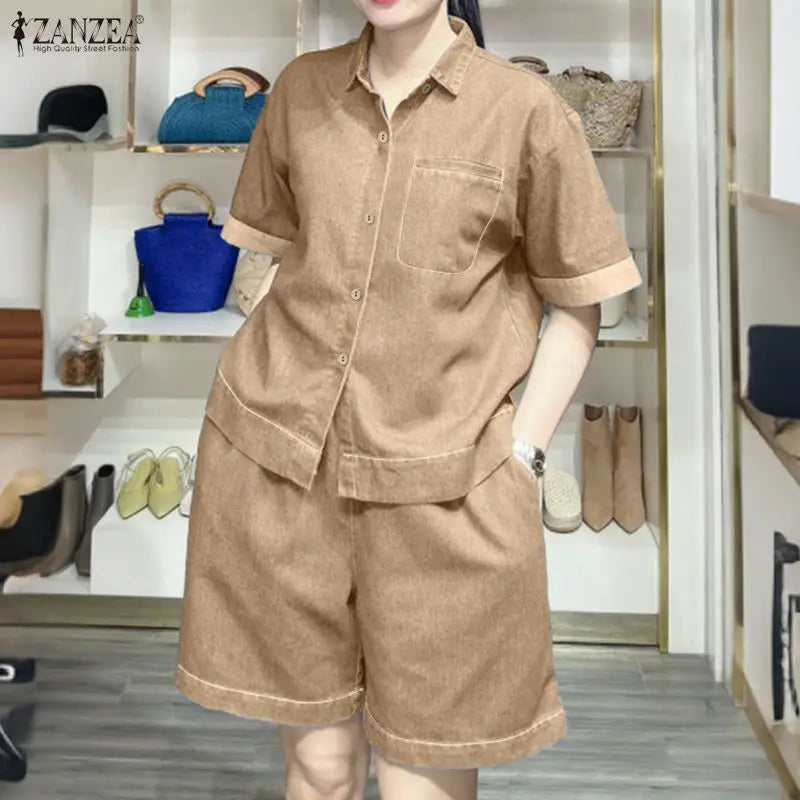 Women's Denim-Look 2-Piece Set - Short Sleeve Shirt & Elastic Waist Shorts Summer Outfit | SHEFYSTYLE