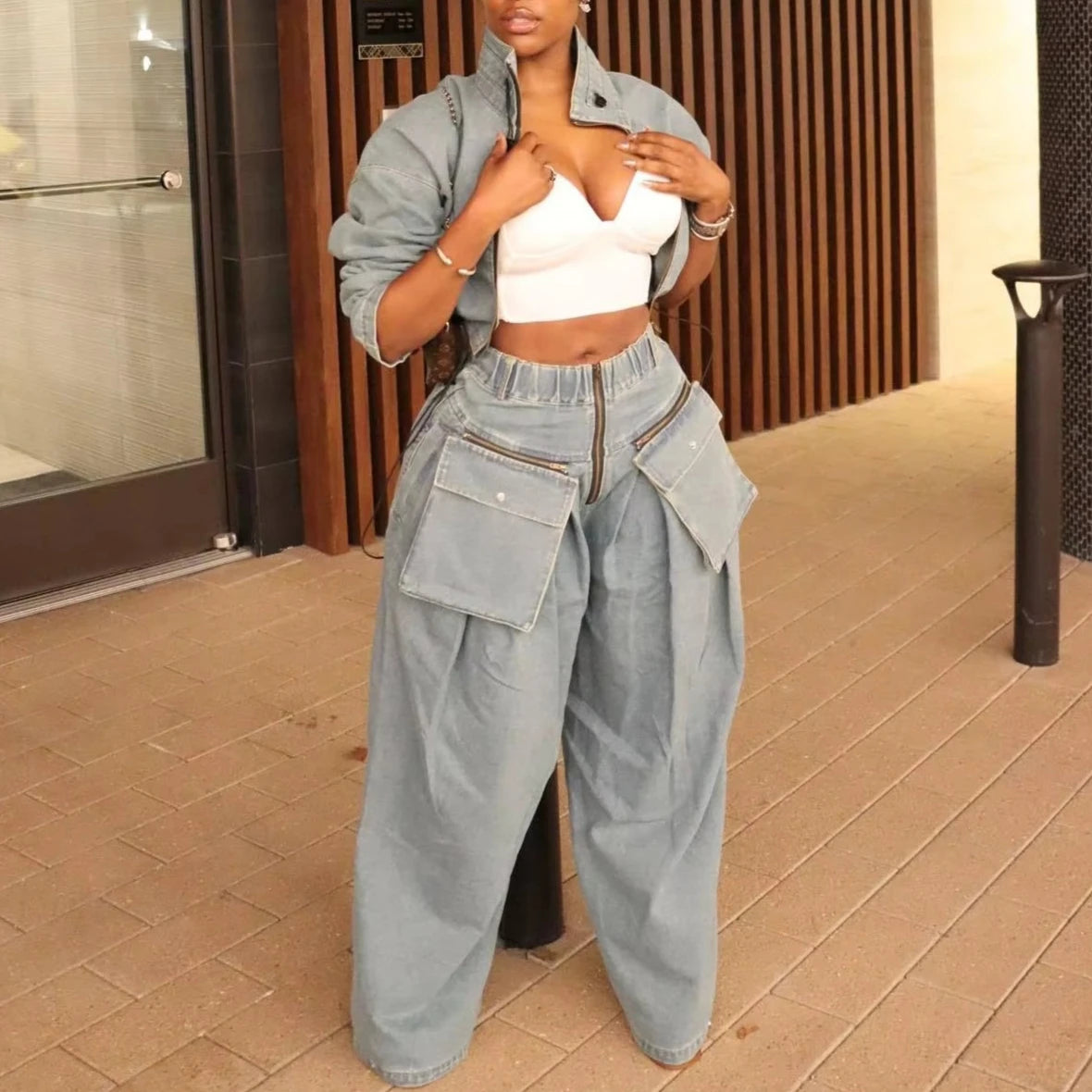 Women's Denim 2-Piece Set - Jacket & Wide Leg Jeans Matching Streetwear Outfit | SHEFYSTYLE