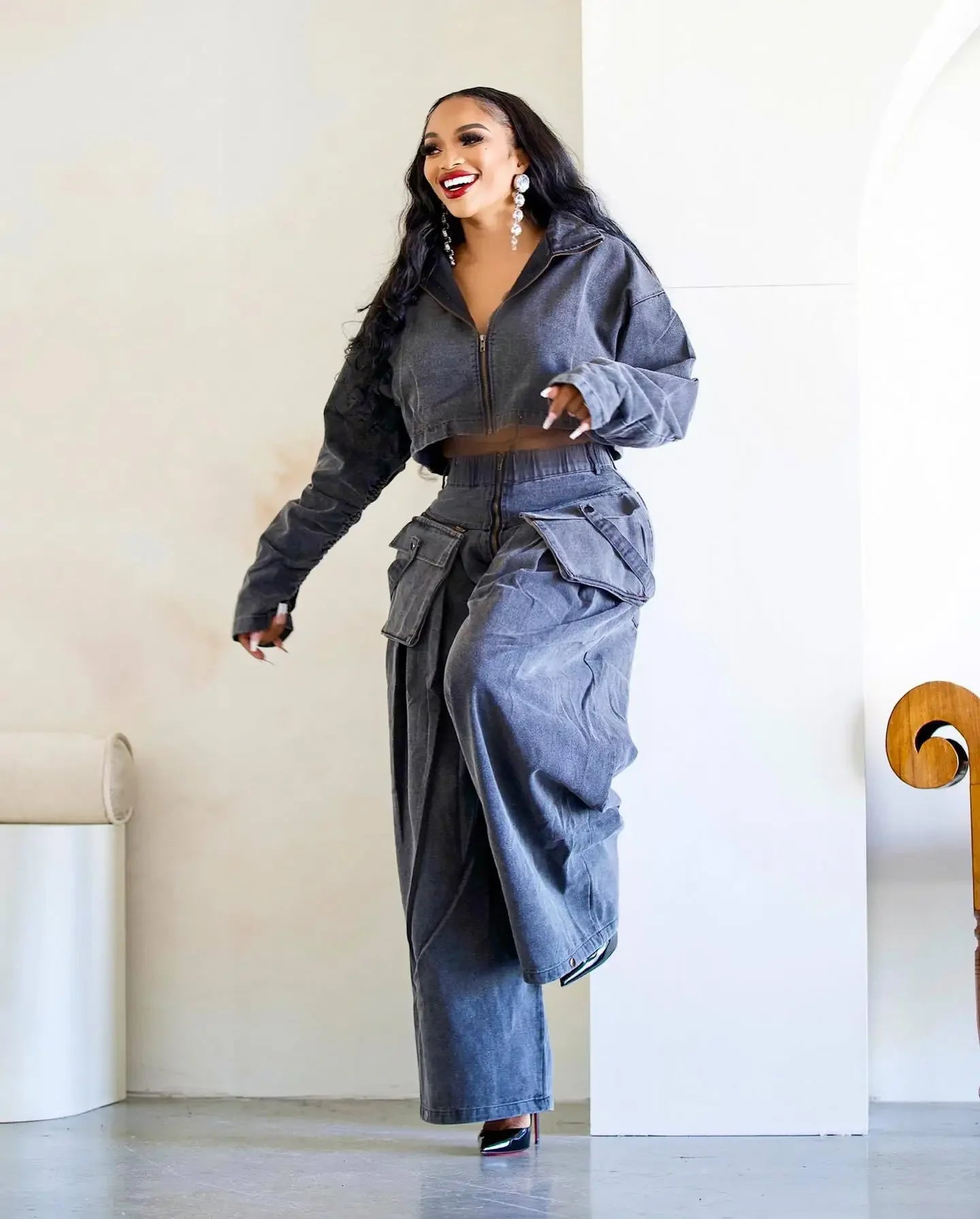 Women's Denim 2-Piece Set - Jacket & Wide Leg Jeans Matching Streetwear Outfit | SHEFYSTYLE