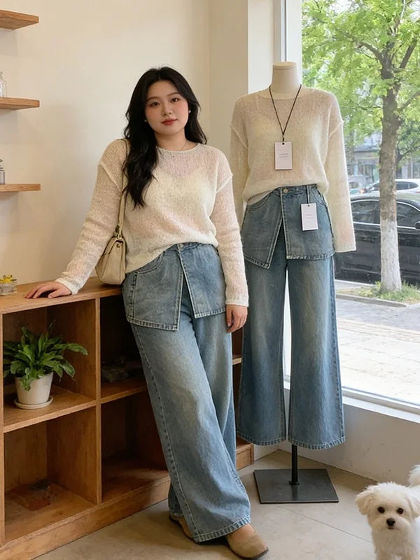 Plus Size Women's Denim-Look 2-Piece Set - Breathable Long Sleeve Summer Outfit | SHEFYSTYLE