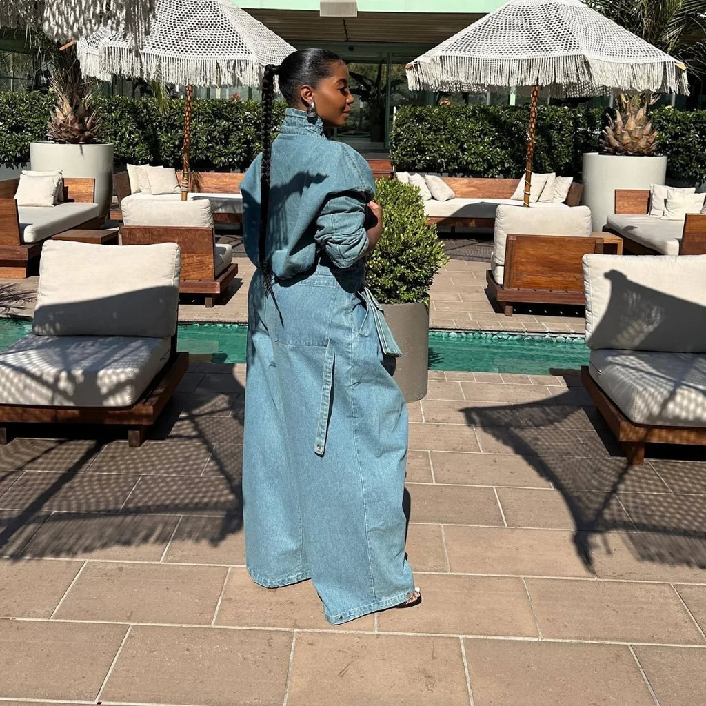 Women's Denim 2-Piece Set - Jacket & Wide Leg Jeans Matching Streetwear Outfit | SHEFYSTYLE