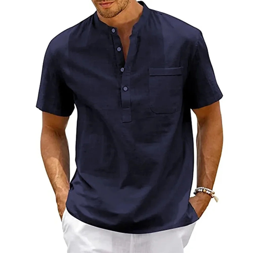 Men's Cotton Linen Henley Shirt - Short Sleeve Casual Summer Beach Top | SHEFYSTYLE