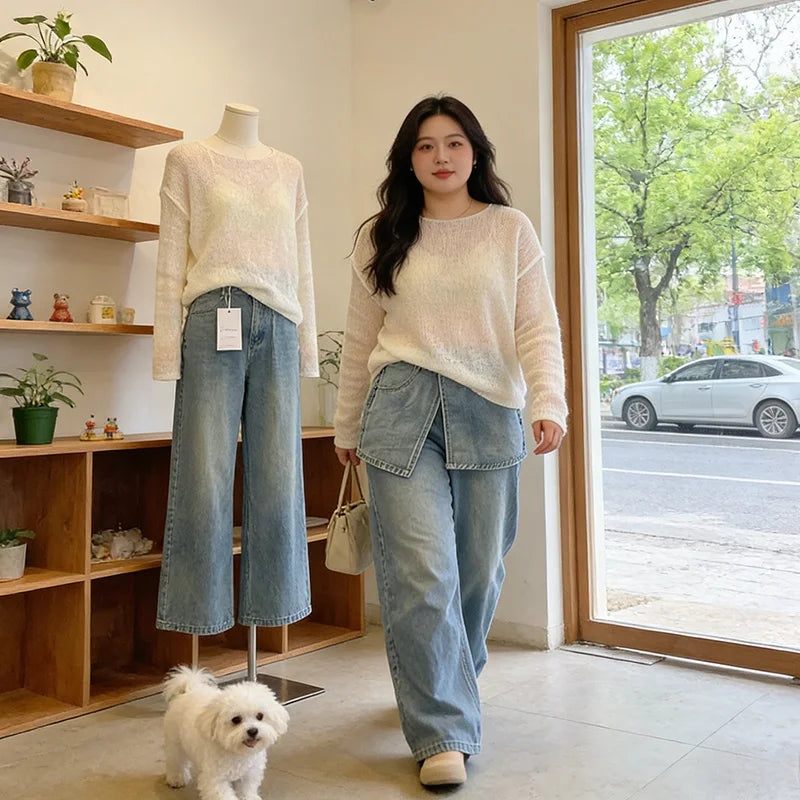 Plus Size Women's Denim-Look 2-Piece Set - Breathable Long Sleeve Summer Outfit | SHEFYSTYLE