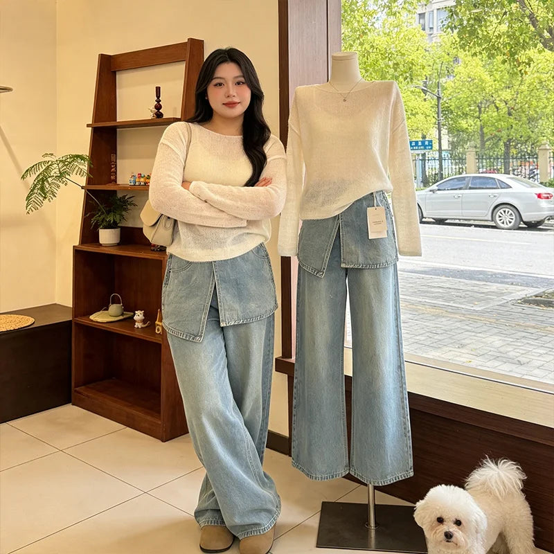 Plus Size Women's Denim-Look 2-Piece Set - Breathable Long Sleeve Summer Outfit | SHEFYSTYLE