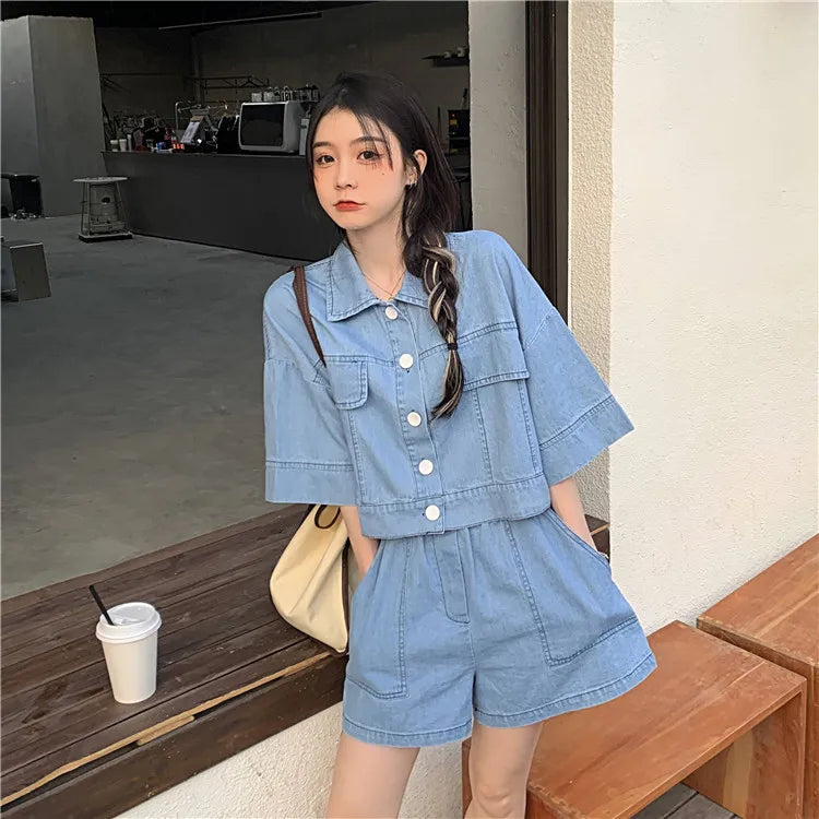 Women's Denim 2-Piece Set - Collared Top & High Waist Pocket Shorts Summer Outfit | SHEFYSTYLE