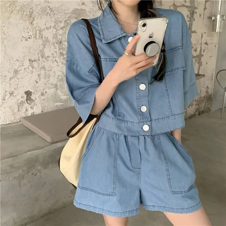 Women's Denim 2-Piece Set - Collared Top & High Waist Pocket Shorts Summer Outfit | SHEFYSTYLE
