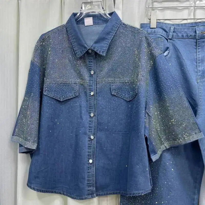 Women's Denim 2-Piece Set - Diamond-Embellished Short Sleeve Shirt & Straight Jeans | SHEFYSTYLE