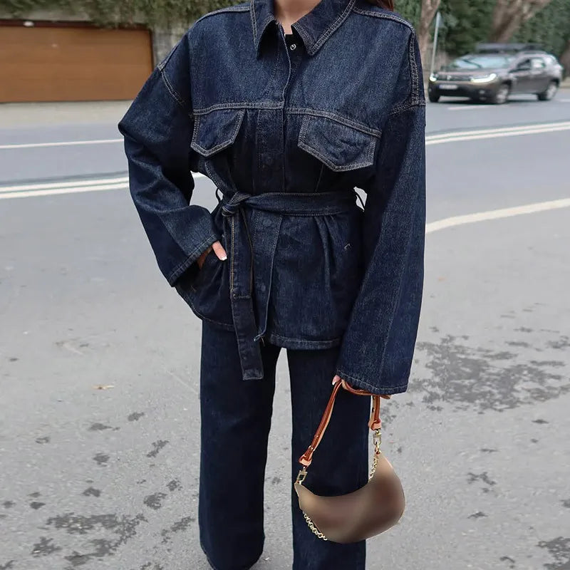 Women's Denim 2-Piece Set - Belted Jacket & Front Zip Jeans Trousers | SHEFYSTYLE