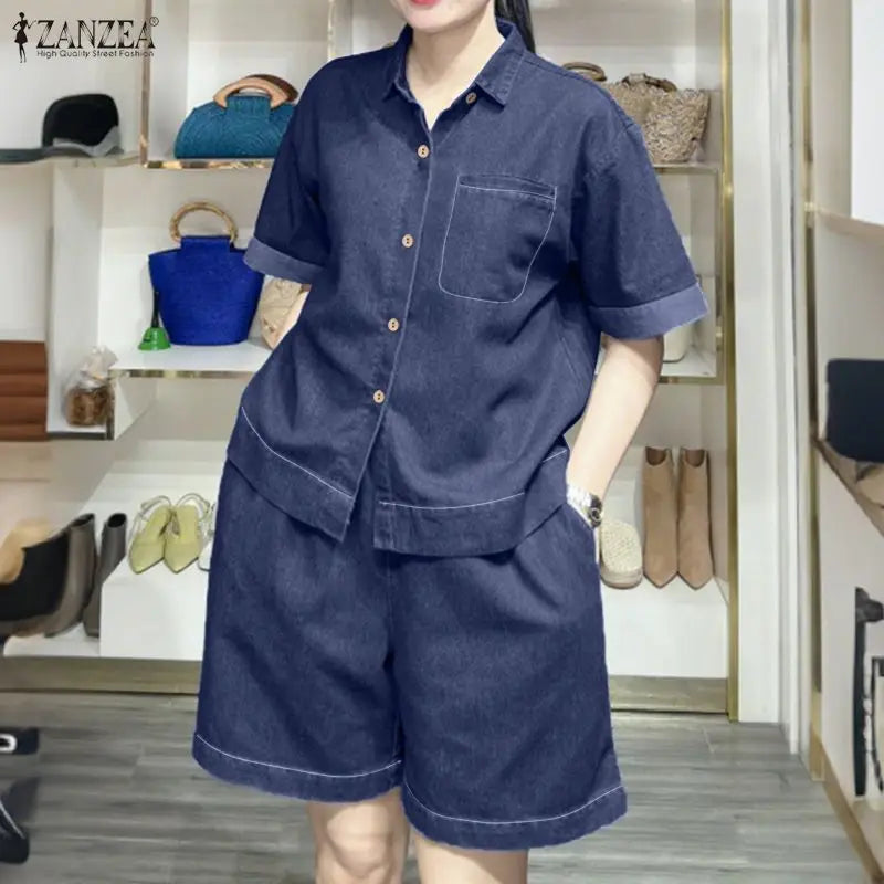 Women's Denim-Look 2-Piece Set - Short Sleeve Shirt & Elastic Waist Shorts Summer Outfit | SHEFYSTYLE