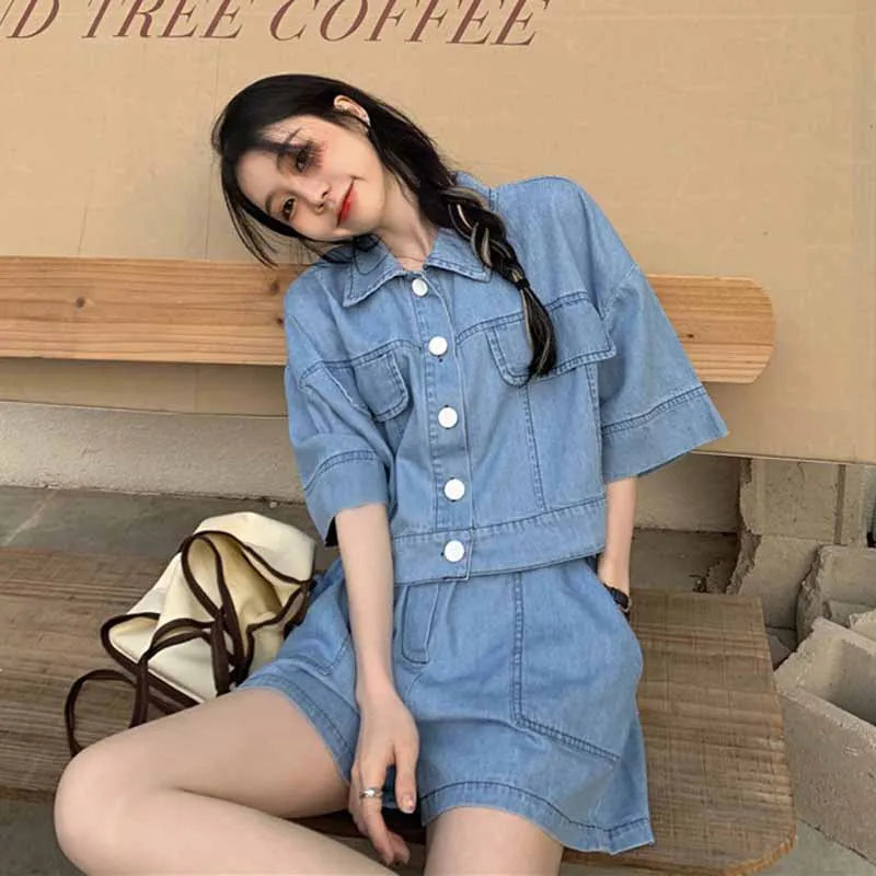 Women's Denim 2-Piece Set - Collared Top & High Waist Pocket Shorts Summer Outfit | SHEFYSTYLE