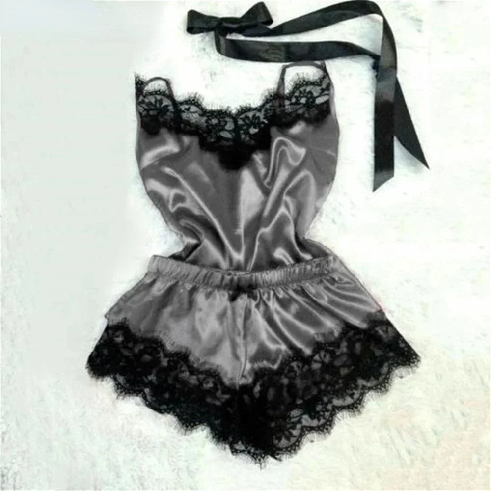 Women's Satin Lace Pajama Set - Cami Top & Shorts Sleepwear Loungewear | SHEFYSTYLE