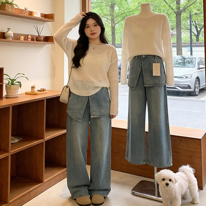 Plus Size Women's Denim-Look 2-Piece Set - Breathable Long Sleeve Summer Outfit | SHEFYSTYLE
