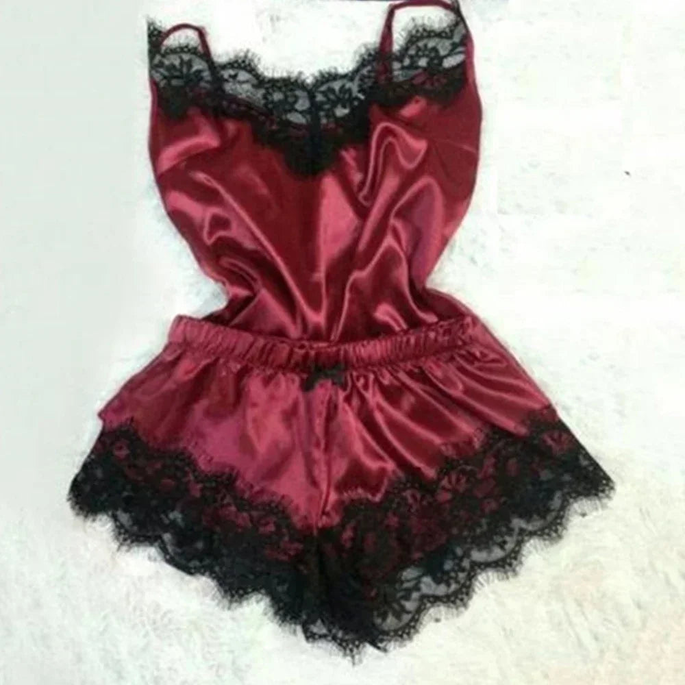 Women's Satin Lace Pajama Set - Cami Top & Shorts Sleepwear Loungewear | SHEFYSTYLE