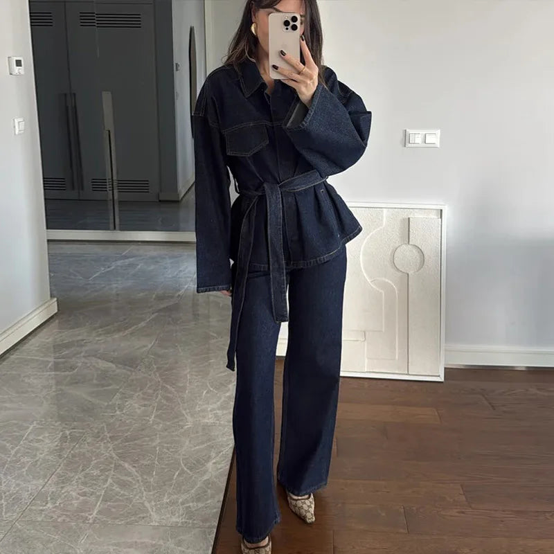 Women's Denim 2-Piece Set - Belted Jacket & Front Zip Jeans Trousers | SHEFYSTYLE