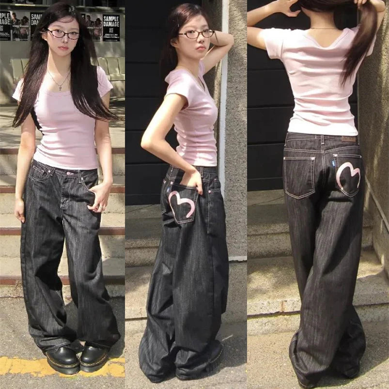 Y2K Grunge Wide-Leg Jeans – High-Waist Baggy Denim for Women (Harajuku Streetwear, Loose Fit)