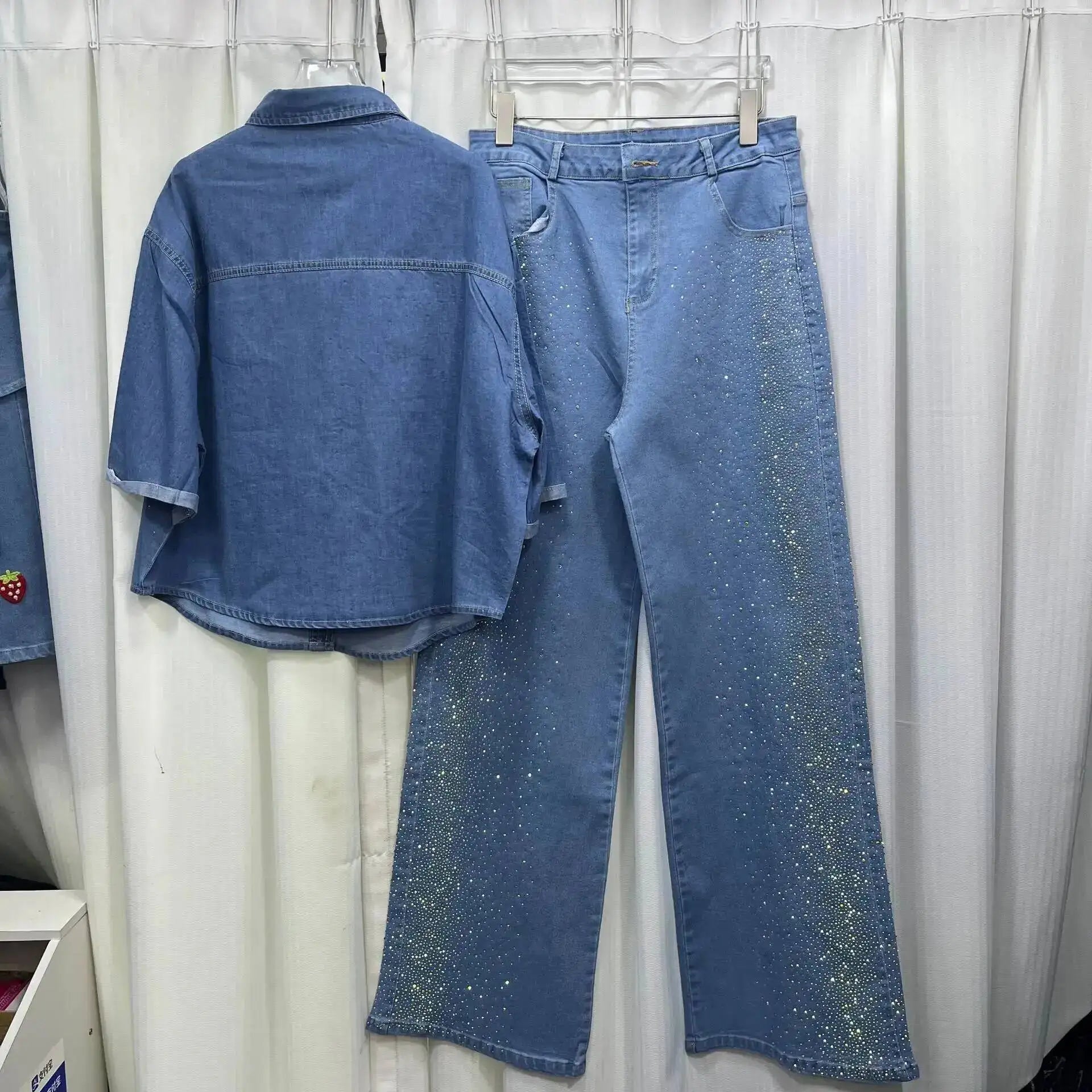Women's Denim 2-Piece Set - Diamond-Embellished Short Sleeve Shirt & Straight Jeans | SHEFYSTYLE