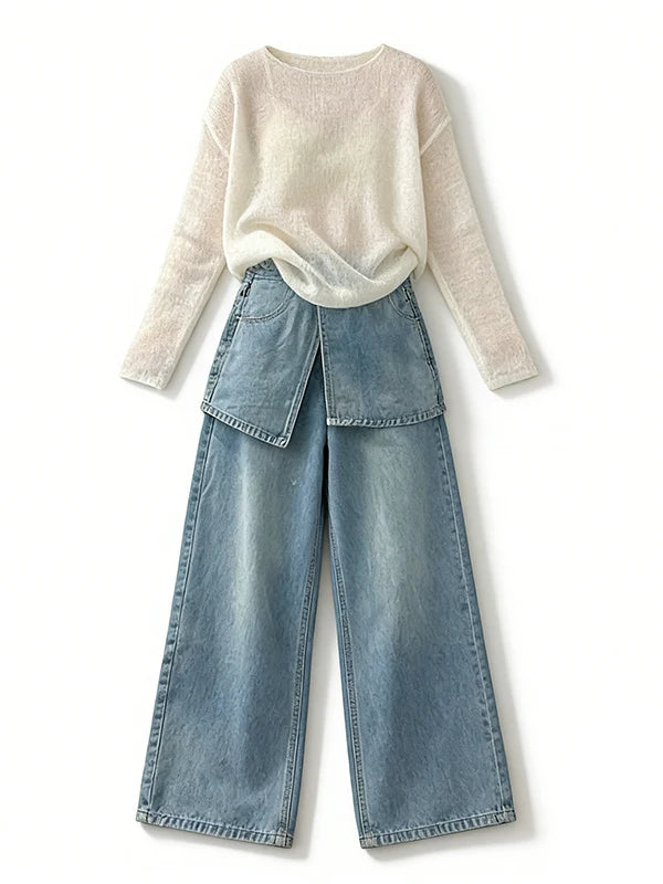 Plus Size Women's Denim-Look 2-Piece Set - Breathable Long Sleeve Summer Outfit | SHEFYSTYLE