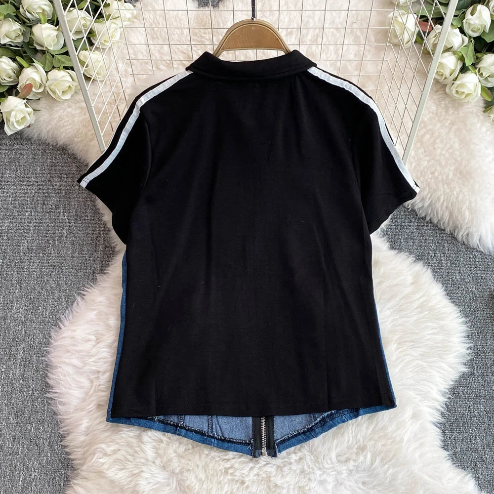 Women's Denim 2-Piece Set - Casual Top & Striped Straight Leg Pants Summer Outfit | SHEFYSTYLE