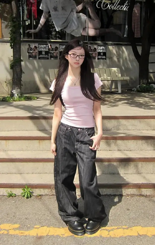 Y2K Grunge Wide-Leg Jeans – High-Waist Baggy Denim for Women (Harajuku Streetwear, Loose Fit)