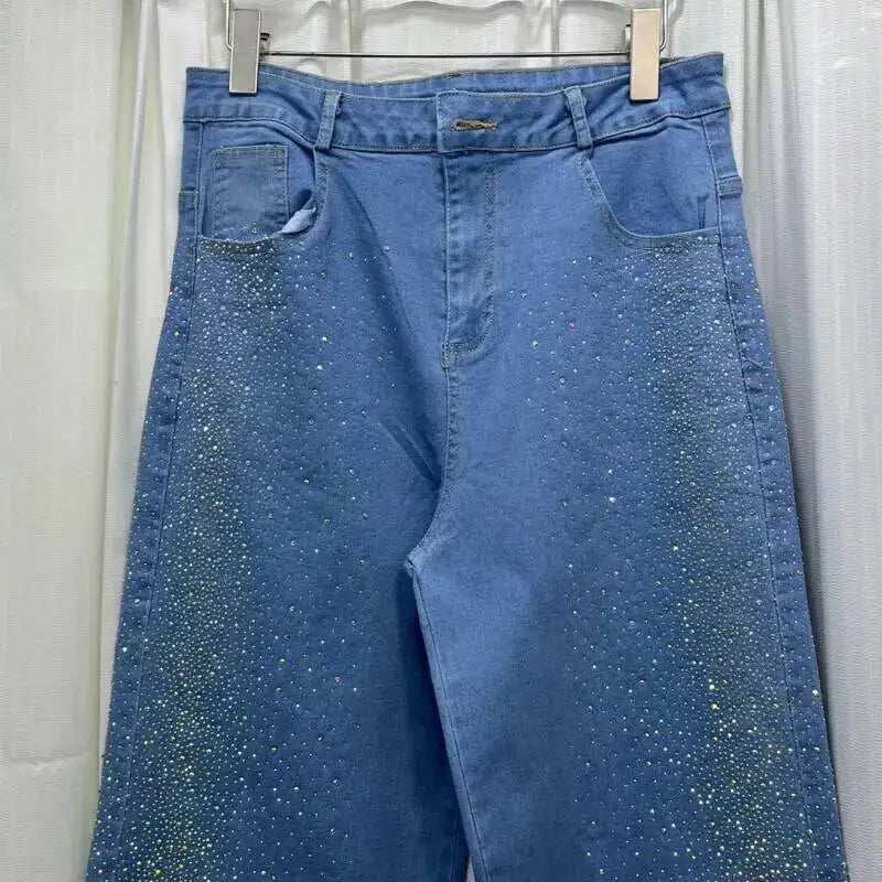 Women's Denim 2-Piece Set - Diamond-Embellished Short Sleeve Shirt & Straight Jeans | SHEFYSTYLE