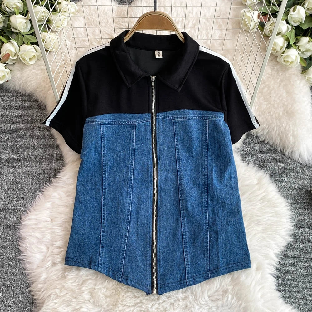 Women's Denim 2-Piece Set - Casual Top & Striped Straight Leg Pants Summer Outfit | SHEFYSTYLE