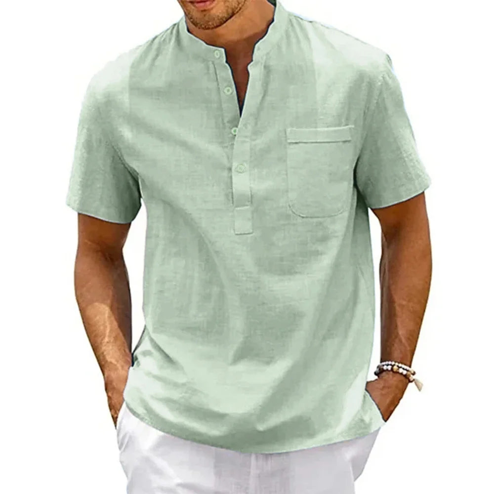 Men's Cotton Linen Henley Shirt - Short Sleeve Casual Summer Beach Top | SHEFYSTYLE