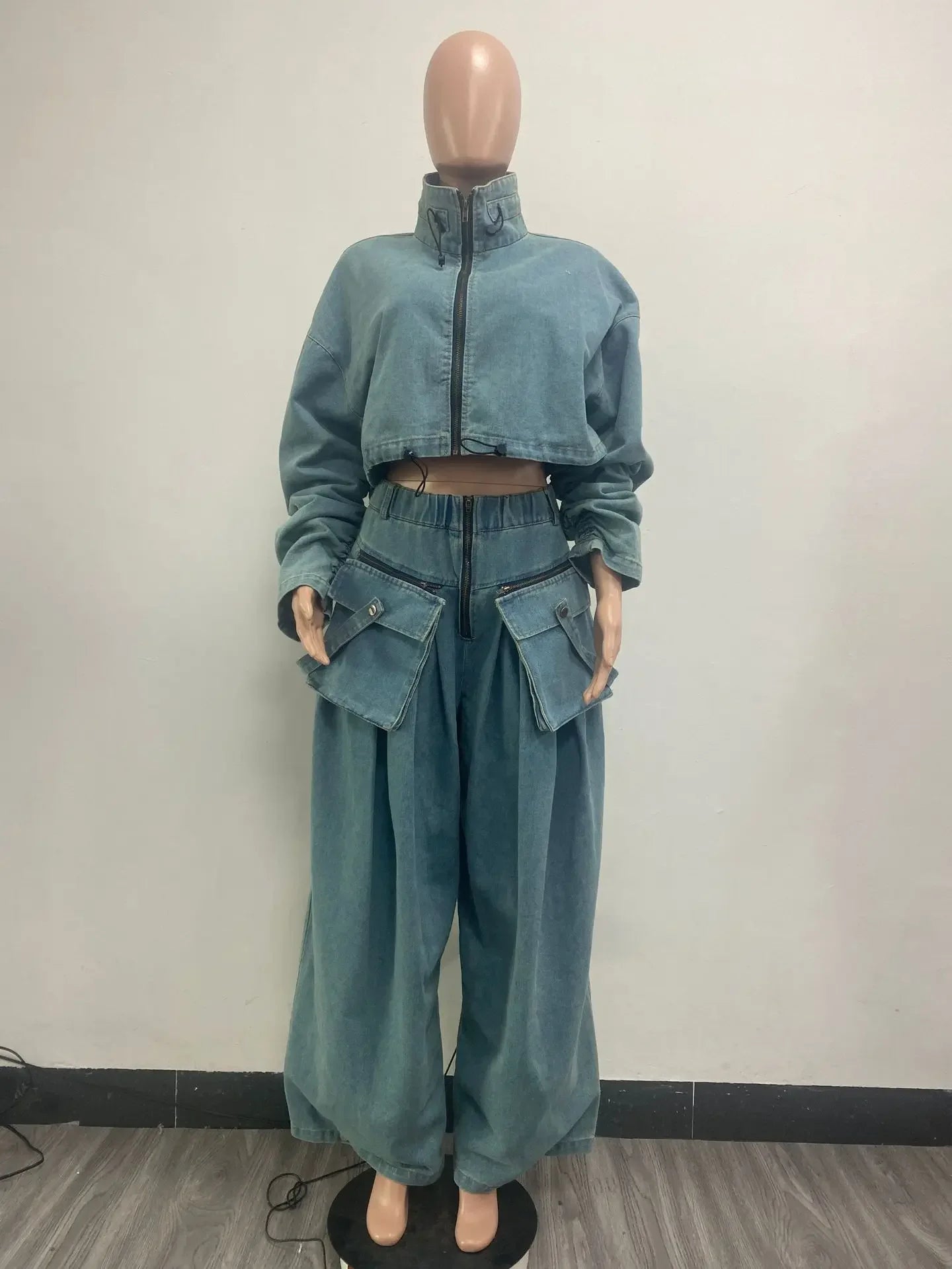 Women's Denim 2-Piece Set - Jacket & Wide Leg Jeans Matching Streetwear Outfit | SHEFYSTYLE
